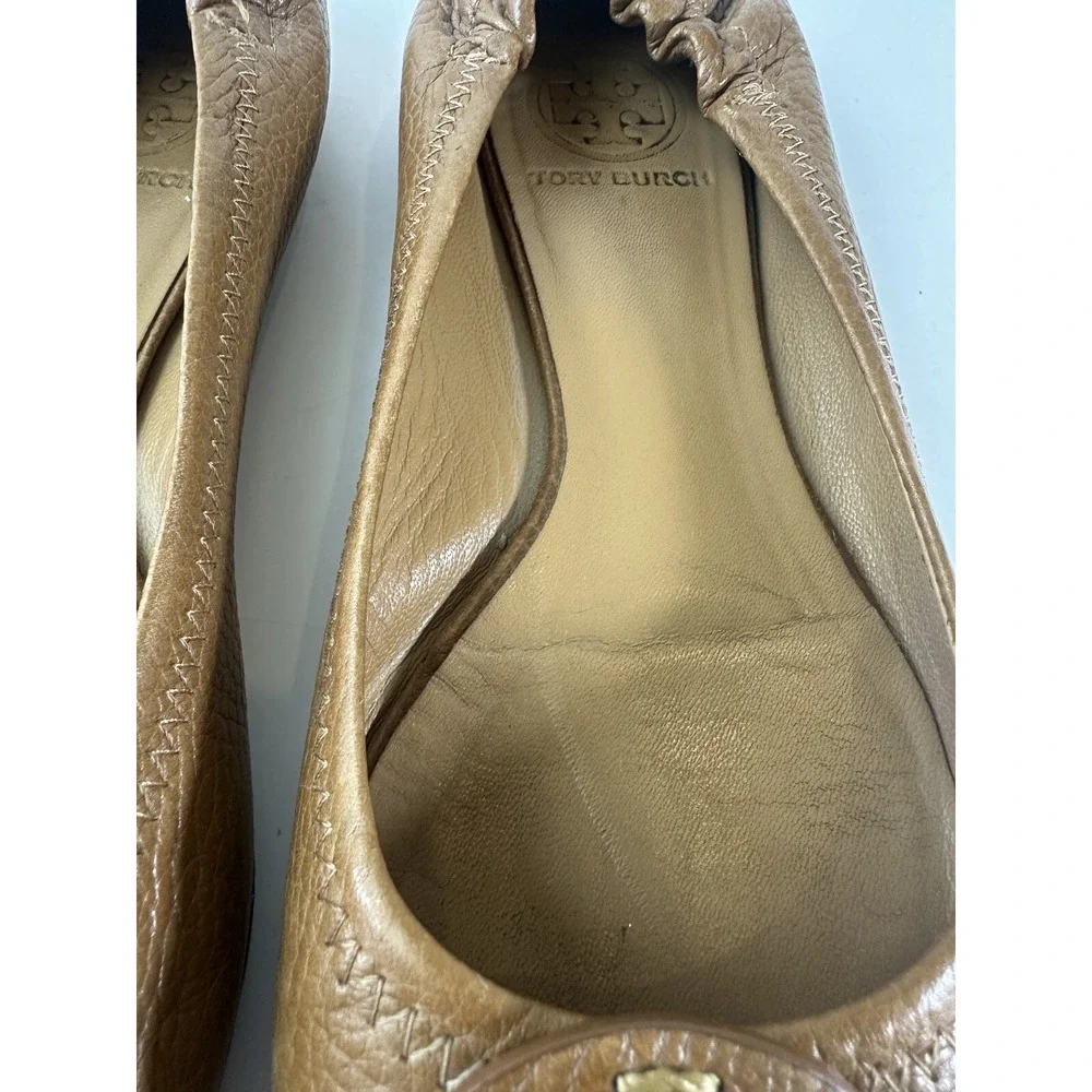 Tory Burch Reva Pebbled Leather Ballet Flats Royal Tan Camel Women Shoe Size 7M - Picture 4 of 15